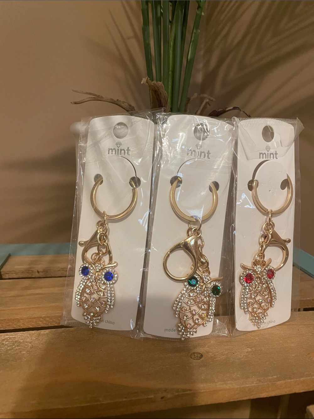 Mint Gold Owl Keychains with Red, Black, and Blue Eye Crystals (Pick One)